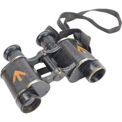 WWII Dolland of London Prismatic x6 field binoculars, with broad arrows marked to the body of the binoculars, the leather case with worn owners label to the inside, together with a cased pair of German field binoculars, with green paint finish, marked Germany-08 38226, together with two other cased pairs of binoculars 