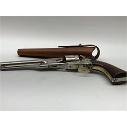 Colt model 1860 .44 calibre six-shot percussion army revolver with stepped cylinder, the 20.5cm barrel inscribed 'Address Col Saml Colt New York US America' with under barrel rammer, all parts with matching serial no.77902, traces of plating to brass trigger guard, two-piece walnut grips L37cm; with modern brass bullet maker and leather holster