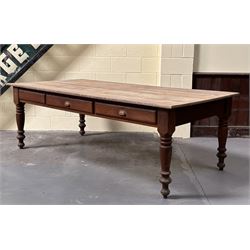 Stained pine dining table, late 19th century and later, the rectangular top above three dr...