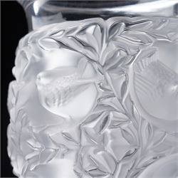 Lalique 'Bagatelle' frosted glass vase, decorated with sparrows in a hedge, marked Lalique France to base, H17cm 