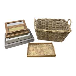 Twin handled basket, two display cases, book stand and a wooden tray