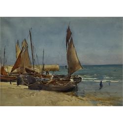 William (Fred) Frederick Mayor (Staithes Group 1866-1916): Fishing Boats on the Shoreline, watercolour unsigned, inscribed verso 26cm x 36cm