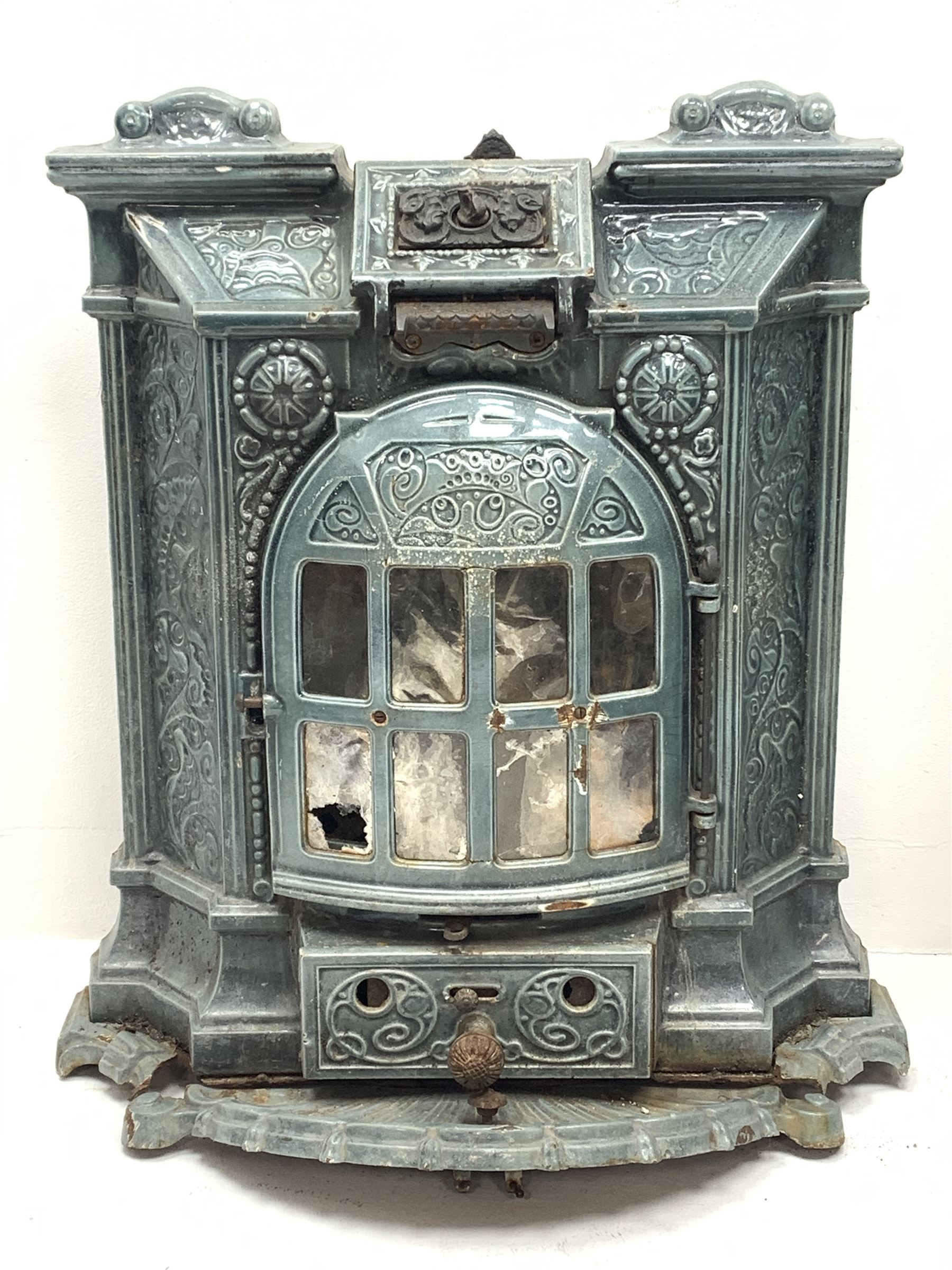 Deville & Co - French Art Nouveau period blue enamel stove, decorated with floral scrolls and flower heads, shell heath, W69cm, H78cm