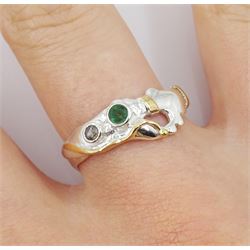 Silver and 14ct gold wire emerald and diamond ring, stamped 925 