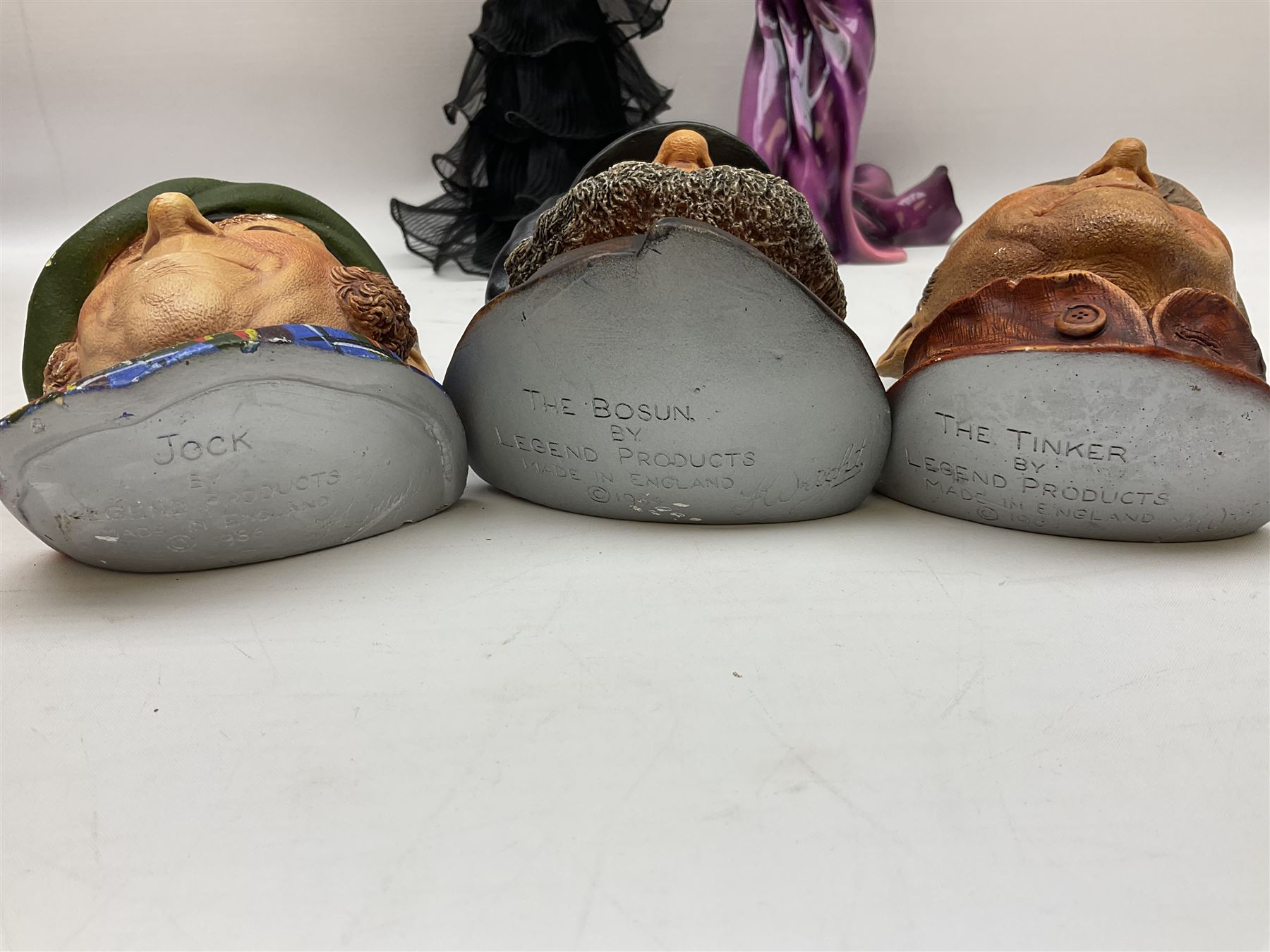 Three Legend Products plaster head wall plaques, comprising The Tinker, Jock and The Bosun, together with two The Leonardo Collection figures Sophistication and Desire, tallest H35cm, Quantity of animal figures and figure groups, to include ceramic and composite examples of dolphins, birds, Shire horses etc, in two boxes