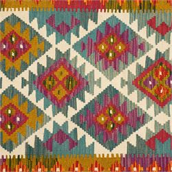 Afghan Maimana flatweave kilim runner, central field features large bold nested diamond motifs and stylized geometric lozenge patterns on olive purple, ochre, blue, and green tone ground, border stripe in orange and crimson ground, and fringe