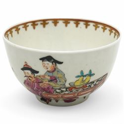 18th century Worcester trio, comprising coffee cup, small bowl and saucer, decorated with a Chinese scene of a flower seller in polychrome enamels, within gilt spearhead borders, saucer D12cm (3)