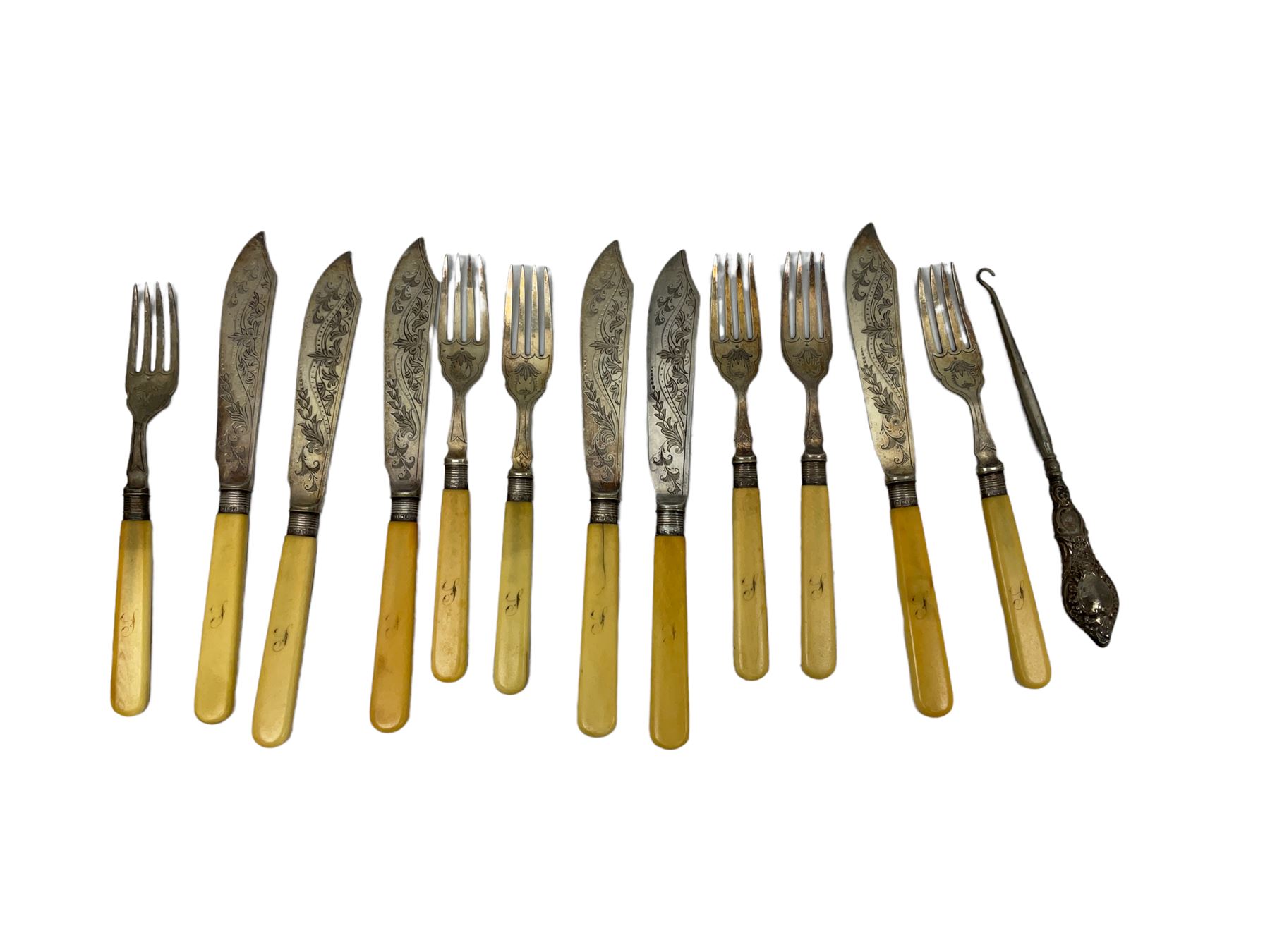 Hallmarked silver handled button hook, together with cutlery with stamped silver ferrules hallmarked Sheffield 1888