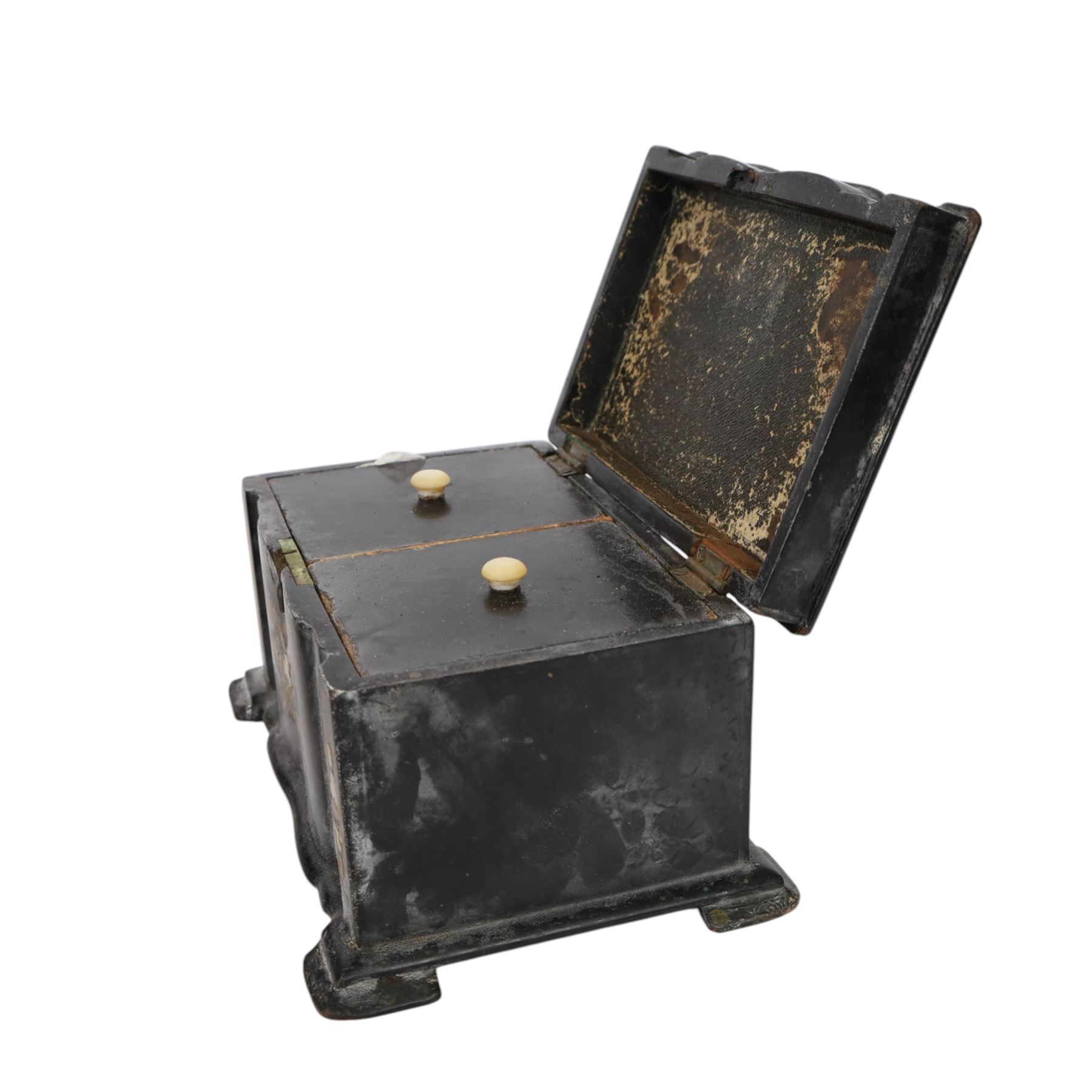 Black lacquered tea caddy with mother of pearl inlay, together with another box with mother of pearl inlay