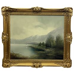 Karl Schmidbauer (Austrian 1921-1998): Lake Landscape, oil on canvas signed 50cm x 60cm; Continental School (20th century): Rural Landscape with Cottage, oil on canvas indistinctly signed 49cm x 60cm (2)