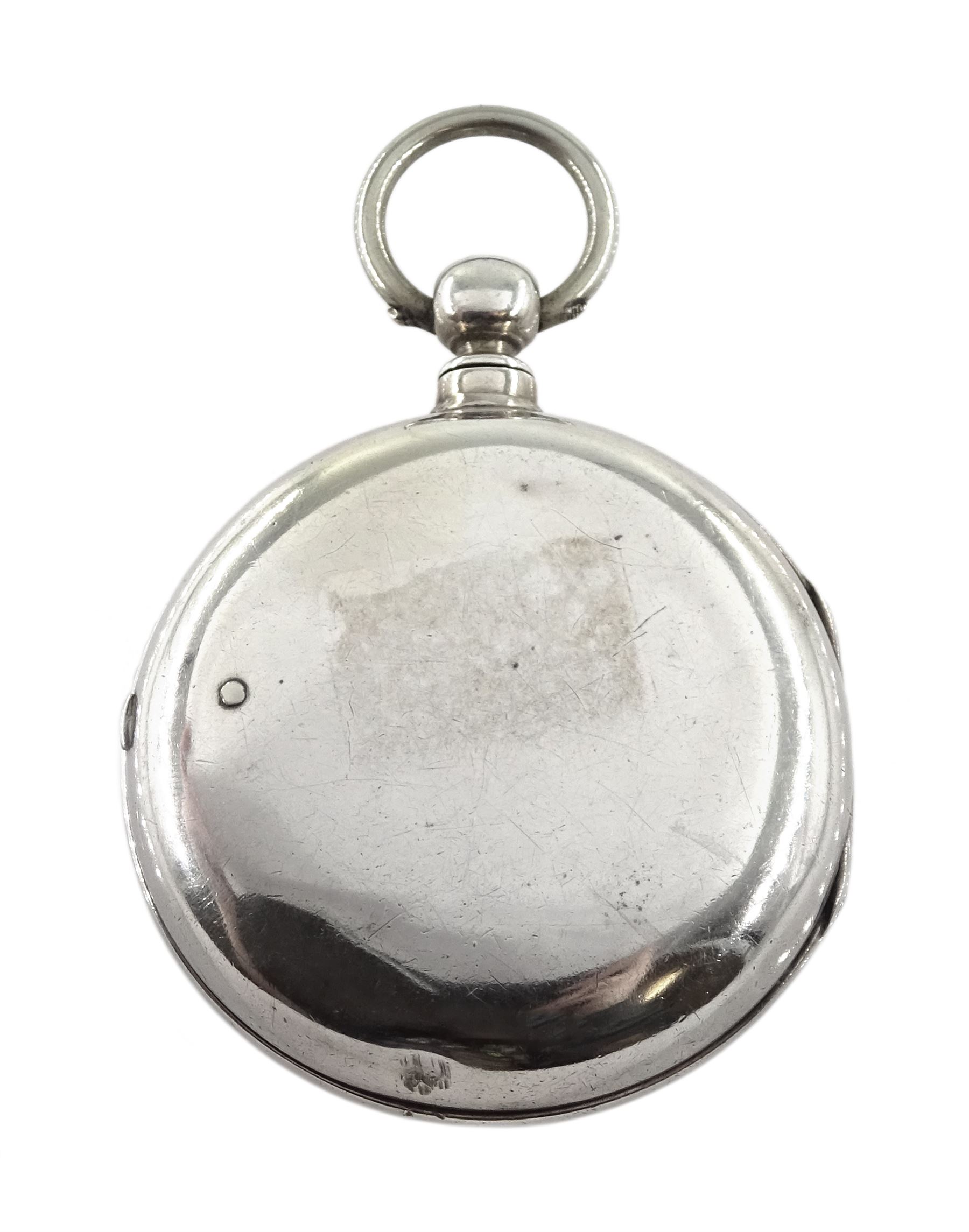 Victorian silver pair cased English lever fusee pocket watch by John Bryson & Son, Dalkeith, No. 38736, round pillars, engraved balance cock with diamond endstone, white enamel dial with Roman numerals and subsidiary seconds dial, case by Philip Woodman & Sons, London 1866