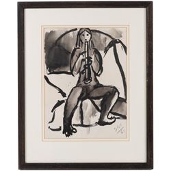 Jean-Georges Simon (Austria-Hungary 1894-1968): Nude Woman Playing Flute and Nude Study, two pen and ink drawings, one signed with initials and dated '61, 30cm x 22cm and 19cm x 13cm (2)