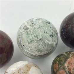 Six mineral specimens spheres, comprising jasper red, spotted agate, unakite, sardonyx, petrified wood and bloodstone, D2cm