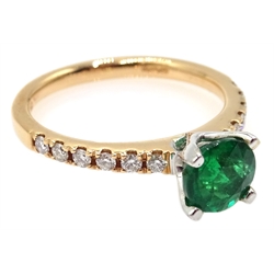  Rose gold round emerald ring with diamond set shoulders, hallmarked 18ct, emerald approx 0.9 carat  