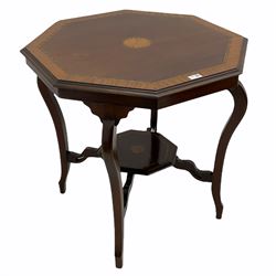 Edwardian mahogany centre table, moulded octagonal top with satinwood band and inlaid shell motif, on cabriole supports joined by undertier 