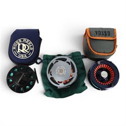 Three fly fishing reels, comprising The Fly Reel Company Limited Reel Britannia RB1 reel, Ross Reels Momentum 6 and a Vosso HD 911, all within pouches