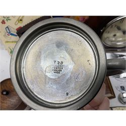 Mid 20th century cigarette box in the form of a gondola, the faux tortoiseshell with mother of pearl inlay (a/f), cased mantel clock with silvered numerical dial, oak lidded tea jar caddy, oak box, silver-plate cutlery, quantity of records, Smith's empire miniature clock, stamps etc