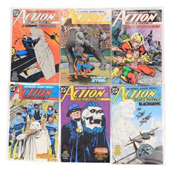 Fifty-nine DC Modern Age 'Action Comics' and 'Action Comics Weekly' comic books, spanning years 1986-1989, comprising 'Action Comics' issues #583, #585, #586, #587, #589, #590, #591, #594, #595, #596, #598 and #600 (Golden Anniversary Issue), and 'Action Comics Weekly' issues #601-#642, together with a fascimilie 50 year anniversary edition of Action Comics #1, 1989 Annual #2, 2006 #843, 2007 #845 and a 1993 Action Comics Bloodlines Annual #5