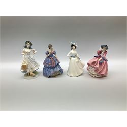 A group of figures, comprising four Royal Worcester examples, The Milkmaid, Lady Emma, Lady Cicely, Lady Hannah, three Royal Doulton examples, Top o' the Hill HN1849, Margaret HN2397, Fair Lady HN3216, two Coalport examples Fairest Flowers Heather, and Pansy, and a Wedgwood figure commissioned by Spink, The Imperial Banquet. 