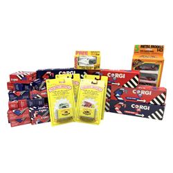 Corgi - thirty-four modern die-cast models including cars, commercial vehicles, racing cars, sports cars, car transporters etc; all boxed; Bburago boxed set of five cars; four Matchbox Originals blister packs etc