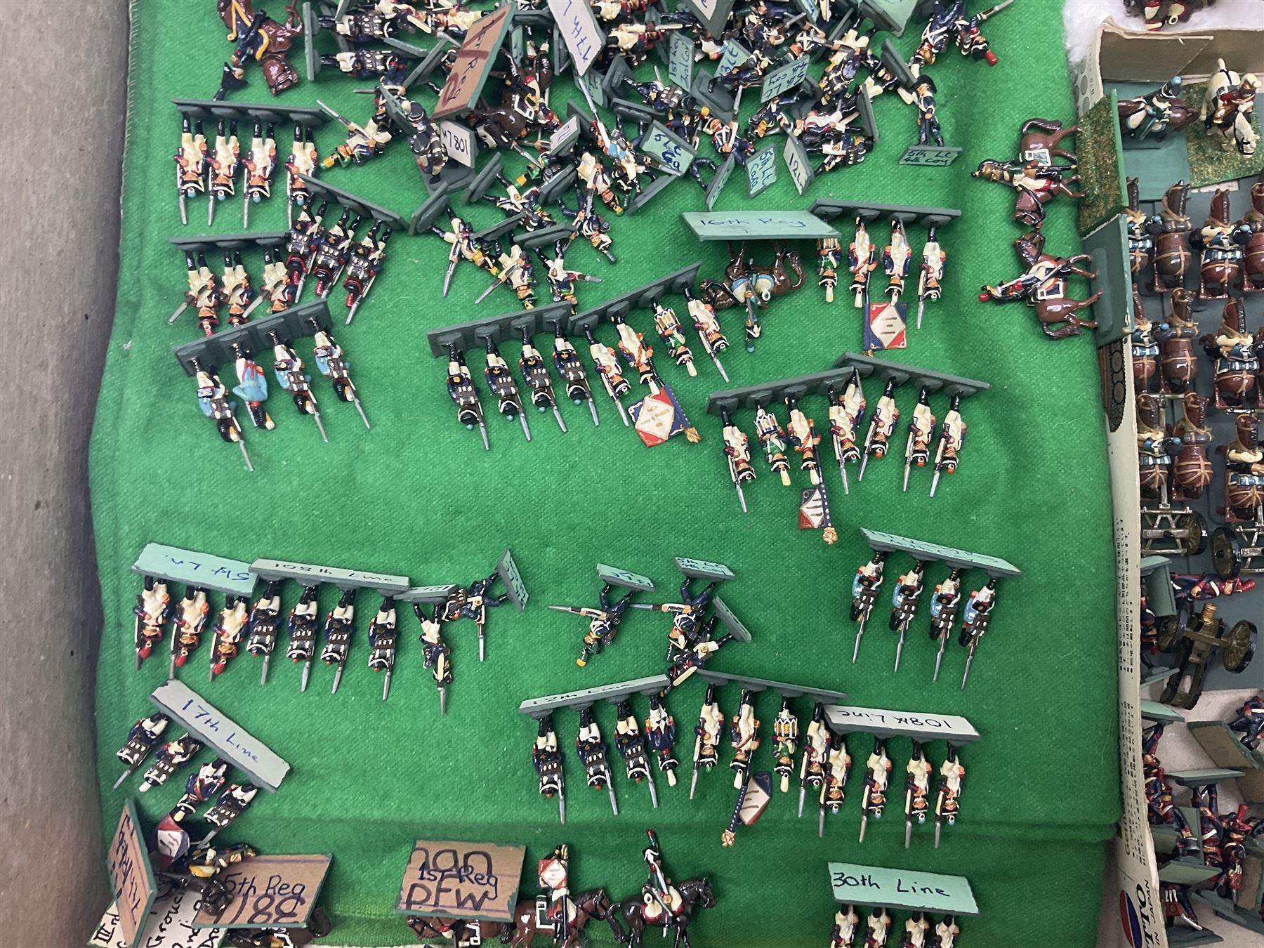 Painted metal wargame figures - over four hundred and sixty including Napoleonic, Dragoons, Line, horse-drawn and other Artillery, mounted etc; individuals and ranks of two, three and four; various scales including 20mm, 25mm etc