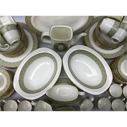 Royal Doulton Sonnet pattern part tea and dinner service, including  twelve dinner plates, twelve bowls, twelve side dishes, two covered tureens, one meat platter, coffee pot, twelve coffee cans and saucers etc (approx 90)