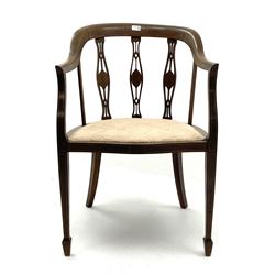 Edwardian inlaid mahogany armchair, with triple pierced and inlaid splat back, upholstered seat, square tapering supports with spade feet