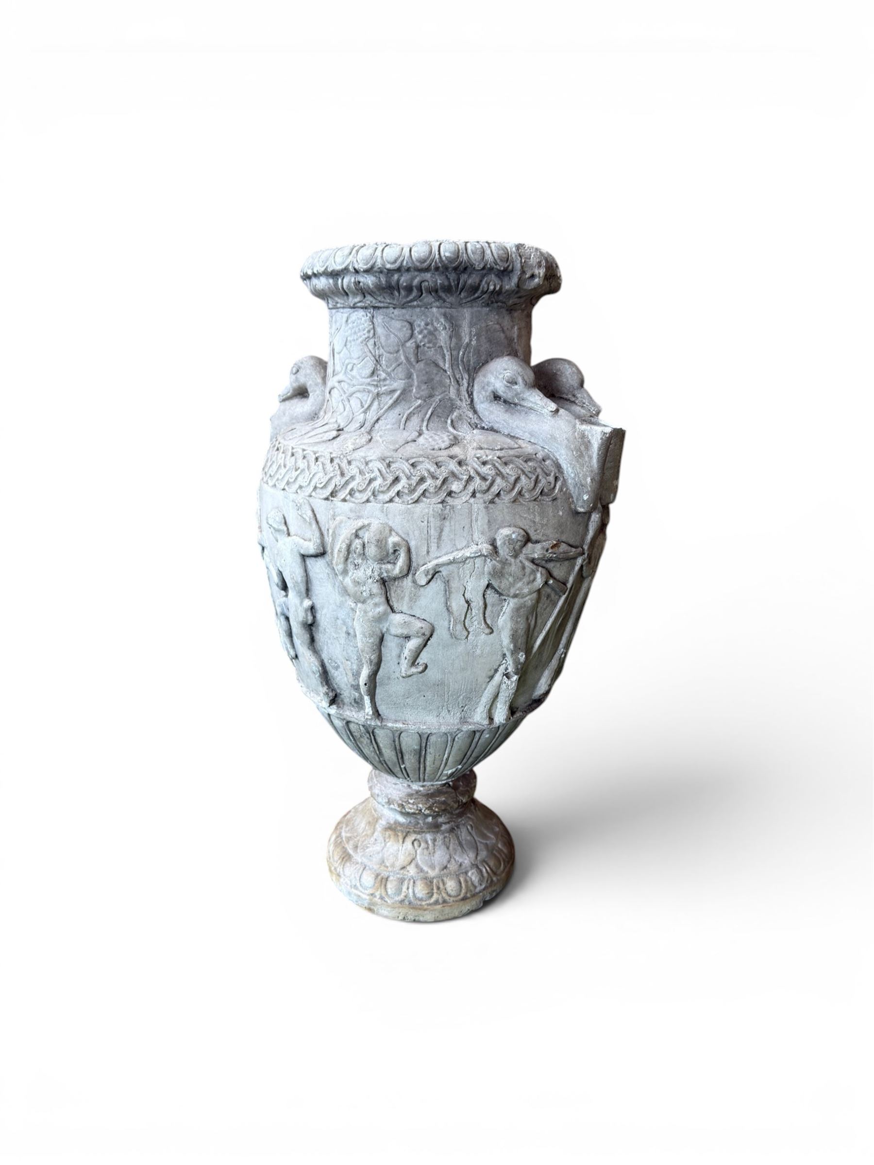 Early 20th century painted plaster classical urn, detailed with swan necks and mythical scenes