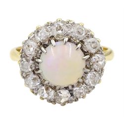 Early 20th century opal and old cut diamond cluster ring, stamped 18ct Plat, total diamond weight approx 1.00 carat