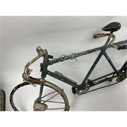 Chad Valley clockwork Fordson Major Tractor, a group of play worn Britains and other lead and metal farm animals, figures and accessories including a kennel, haystacks, dovecote, cows, sheep etc, together with a diecast model of a Tandem Bike L31cm