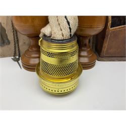 Pair of turned wooden goblets, six hardstone eggs, vintage slide rule and a leather letter rack, etc