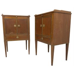 Pair of early 20th century bedside cabinets, fitted with brushing slide over cupboard and single drawer, each with gilt metal cock-beading, raised on square tapering supports