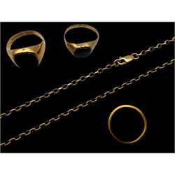 22ct gold thin wedding band, two 9ct gold onyx signet ring and a 9ct gold chain, all hallmarked