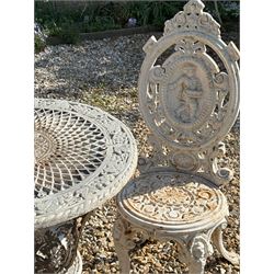 Victorian white painted cast iron garden chair, the figural cartouche back above an openwork seat, raised on cabriole supports (H96cm) together with a  cast iron garden table (H74cm, D62cm)  - COLLECTION BY APPOINTMENT FROM: The White House, Thirsk Road, Easingwold, York, YO61 3NF - CALL 01723 507111 TO ARRANGE