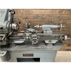 Myford Super 7 metal turning lathe with extensive collection of attachments, chucks, collets, bits; and precision metal saw
