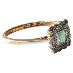 Early 20th century gold emerald and diamond cluster ring, stamped 18ct & Plat