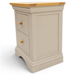 Modern bedroom suite comprising; a dresser, blanket box, bedside table, oak tops over a pale blue with wooden turned knobs

Dresser (H 77cm, D 48cm, W 107cm)
Blanket box (H 51cm, D 48cm W 91cm)
Bedside table (H 64cm, D 39cm, W 54cm)