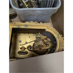 Collection of leather carriage clock cases, brass mantle clocks and parts, brass candlesticks etc, in two boxes