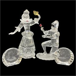 Two Swarovski Figures from the Masquerade collection, comprising Harlequin and Columbine, and a crystal plaque, tallest H17cm