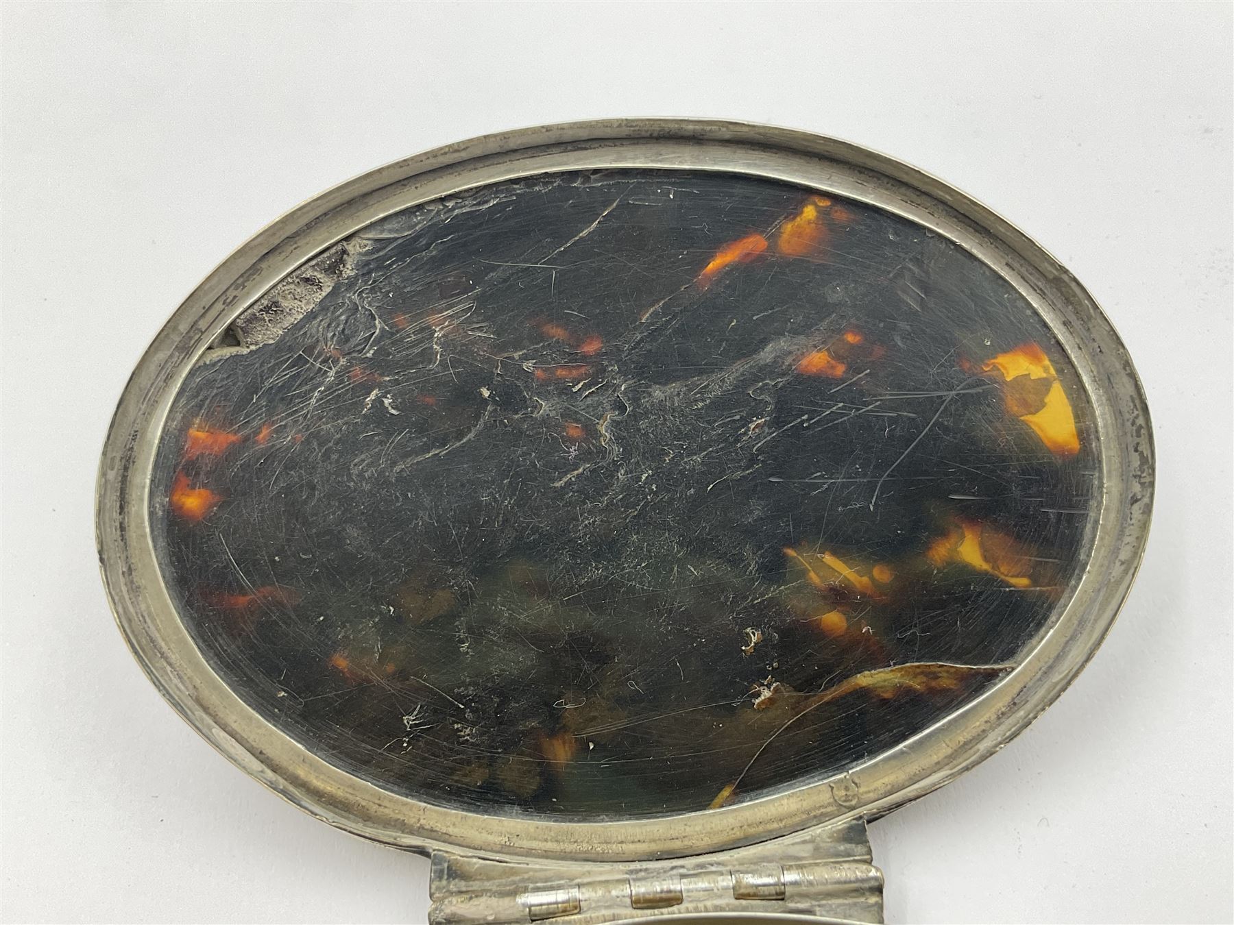 18th century silver plated oval snuff box with tortoiseshell lid inlaid with silver and mother of pearl 