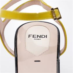 Fendi - pair of heeled sandals, in multicoloured pink, lime green red and brown patent leather, with black soles and block heels, slingback strap with gold-tone buckle fastening, size 37, unused with original dust bags