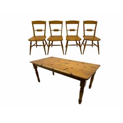 Rectangular pine country style kitchen table, turned supports (W182cm, H75cm, D91cm) and set four beech framed dining chairs (W43cm)