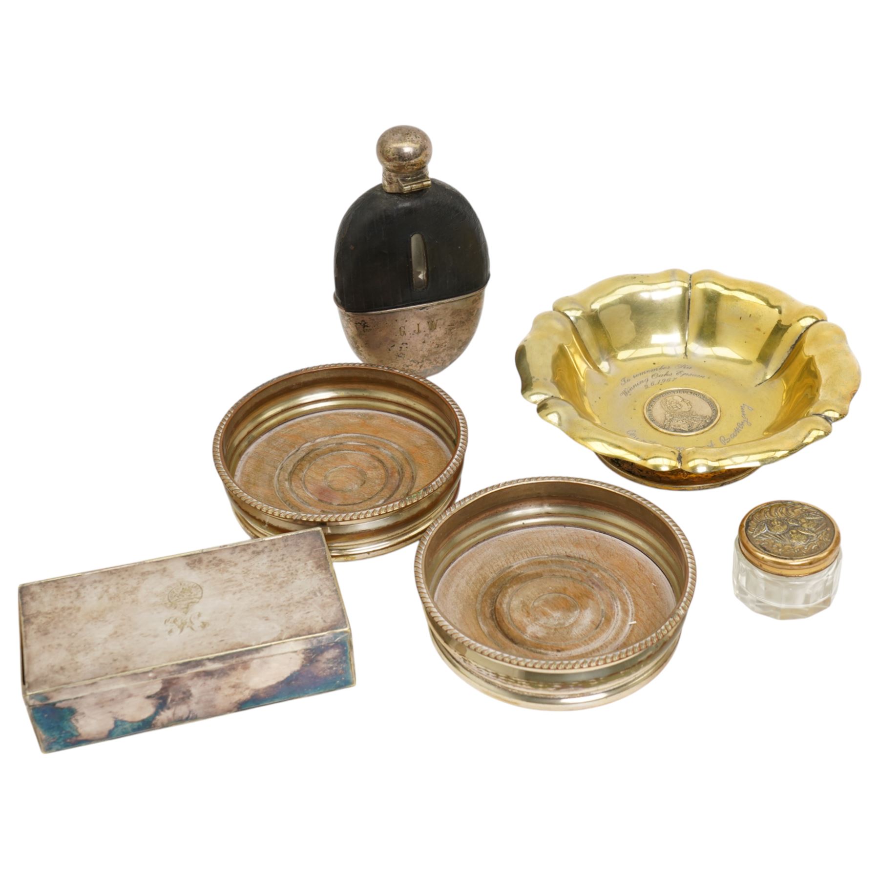 Two silver on copper bottle coasters silver plated cigarette box, silver plated hip flask; trophy bowl with inset medal; small dressing table jar 