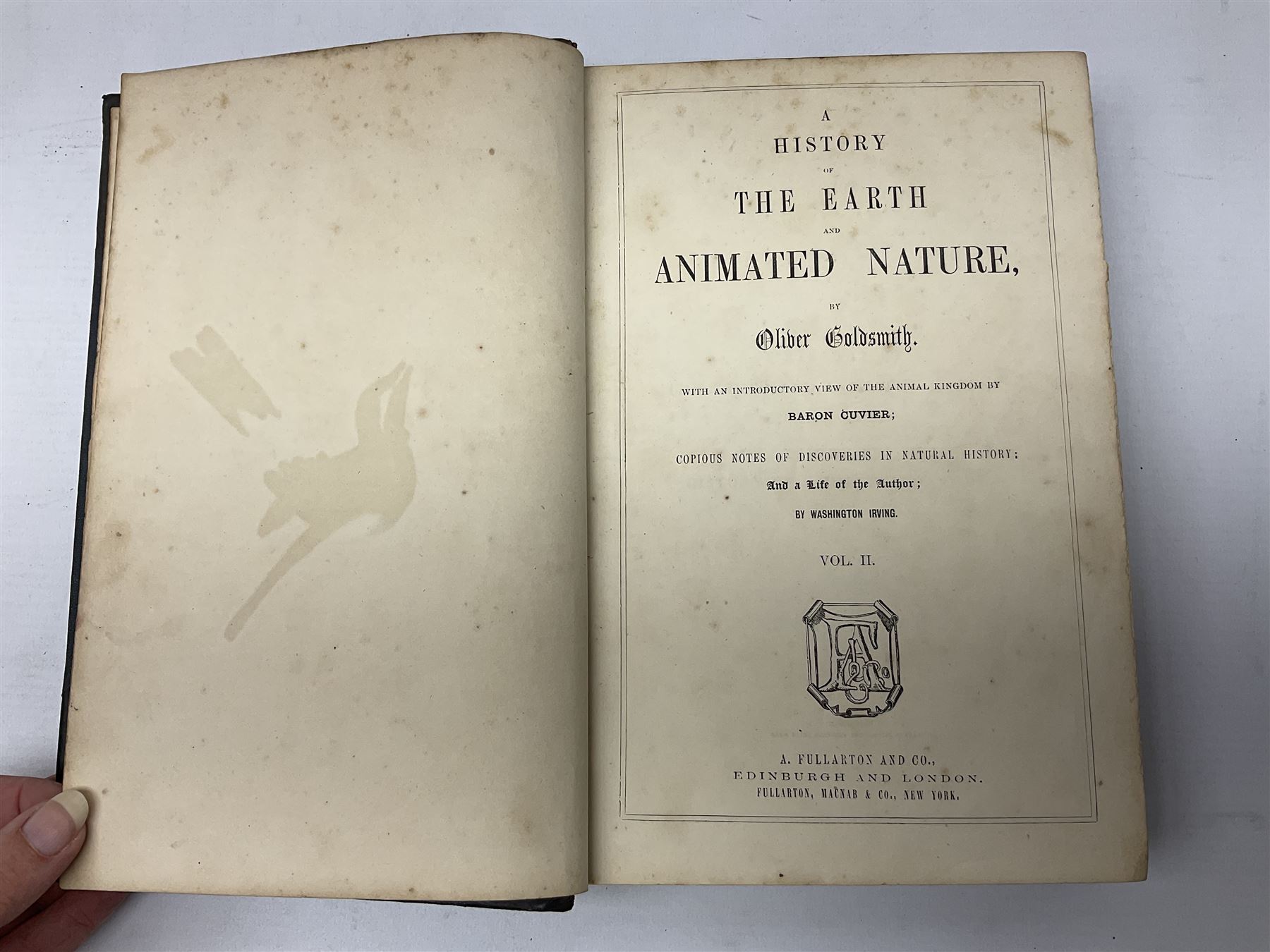Goldsmith, Oliver; A History of the Earth and Animated Nature, 2 volumes, pub. Fullarton, Edinburgh and London, illustrated with coloured plates, cloth and leather bound with marbled edges (2)