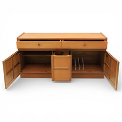 Nathan - 'Squares' low media sideboard, rectangular top over two drawers, above signature square panelled cabinet doors revealing storage for records, on a recessed base