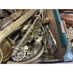 Quantity of copper pans and teapots, dish and sieve with pierced heart decoration and brass handle, together with quantity of brassware to include brass Art Nouveau crumb tray and brush, repousse chargers, fire tool accessories, decorative canon, sword and guns etc