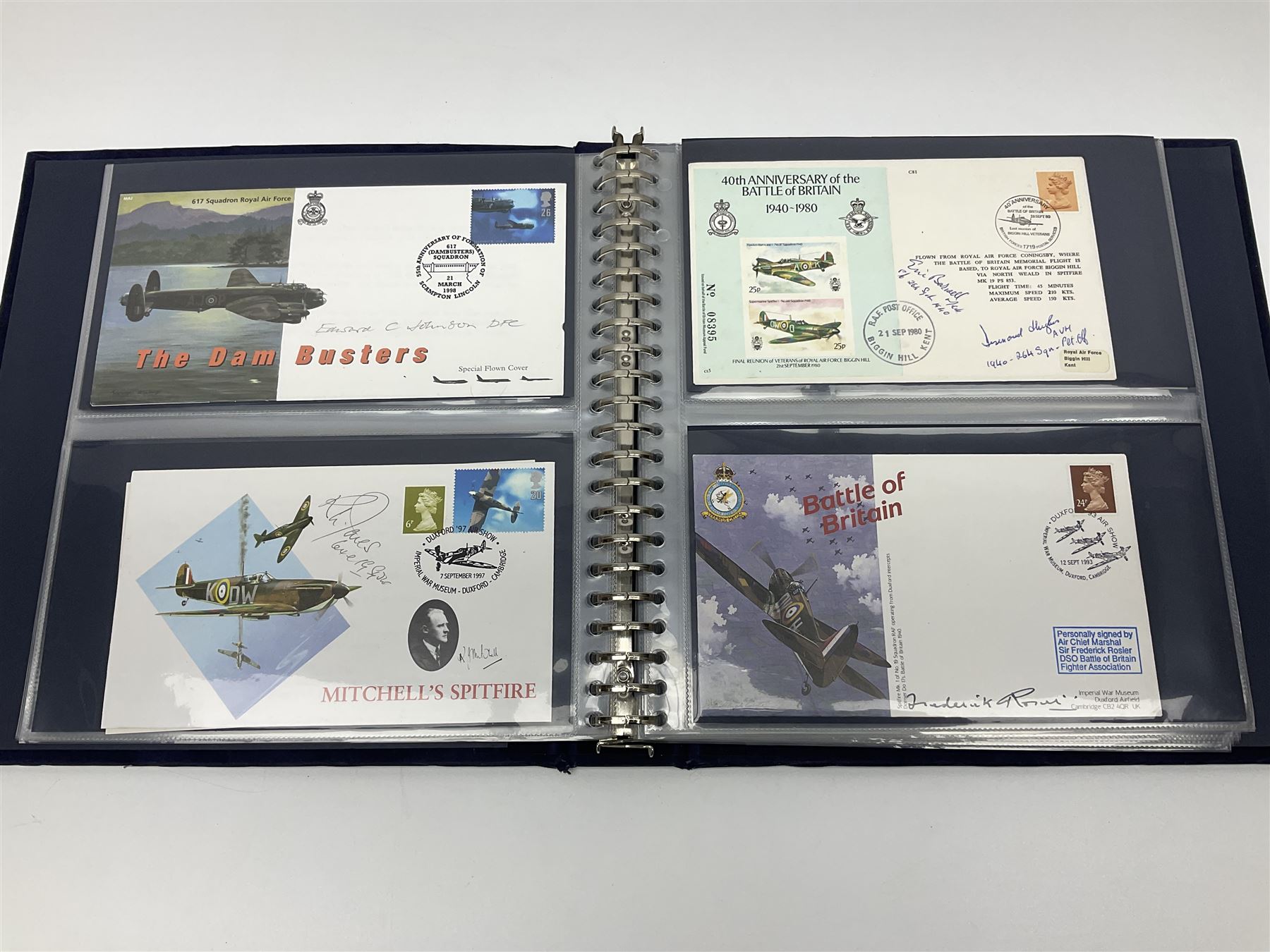 First Day Covers - approx. one hundred flying related and other military FDCs 1970s-2000s, mainly WW2 interest and bearing signatures; British, Channel Islands, Continental, Australia etc; signatures include Vera Lynn, J.H. Lacey, 'Johnnie' Johnson, Barnes Wallis, Bill Reid VC, various other gallantry medal winners, Dam Busters, Battle of Britain, Terence Otway, Leonard Cheshire, Stanford Tuck etc; loose and in a Benham album