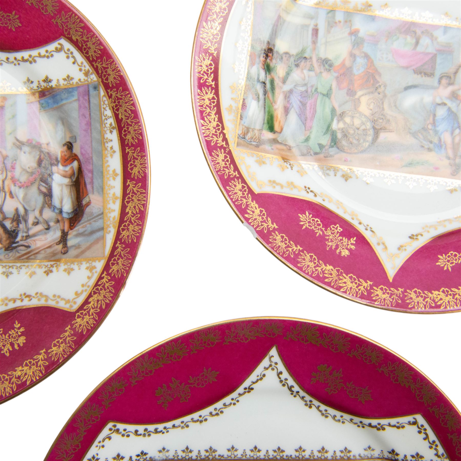  20th century Royal Vienna-style part tea service, comprising eight cups and saucers, ten dessert plates, one cake plate, milk jug and sugar bowl