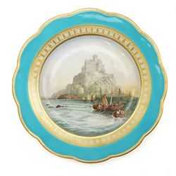 Royal Worcester Elizabeth Vase, H21cm; together with a Royal Crown Derby rectangular serving dish, painted with a shipping scene by WEJ Dean, W28cm, a Davenport plate painted with St Michaels Mount, D24cm, and a Minton plate painted with fruit by F Walklett, D23cm (4)