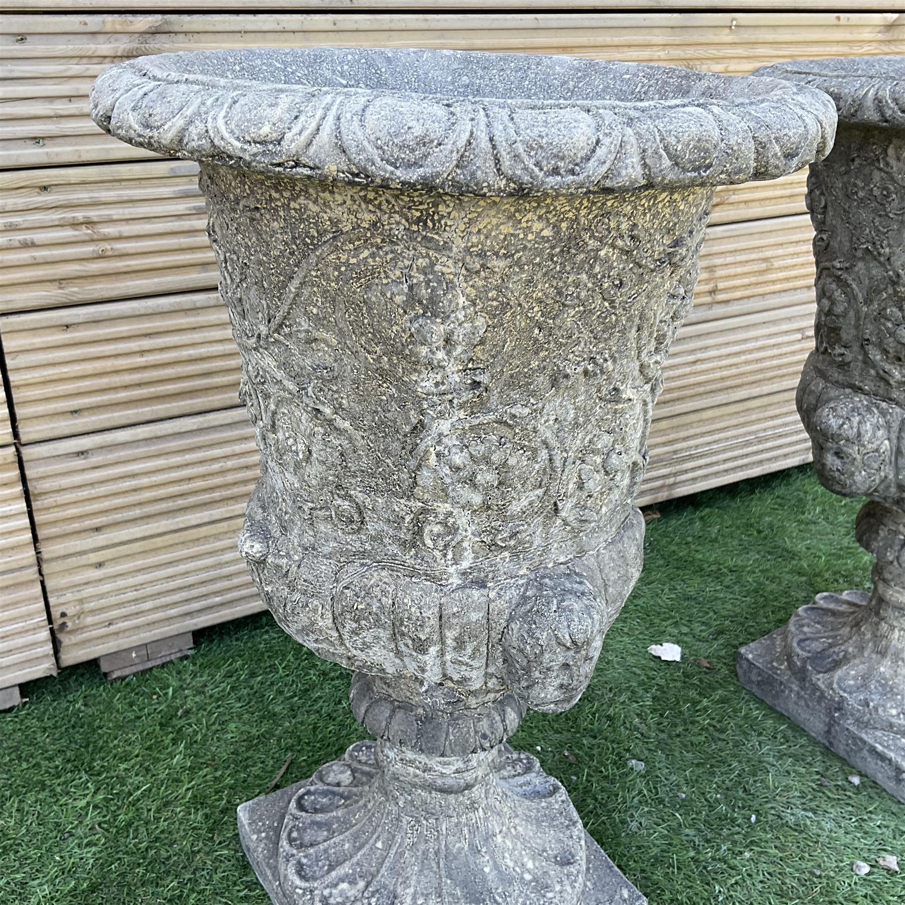 Pair of ornate Victorian style urns on plinth base, D40, H105 - THIS LOT IS TO BE COLLECTED BY APPOINTMENT FROM DUGGLEBY STORAGE, GREAT HILL, EASTFIELD, SCARBOROUGH, YO11 3TX